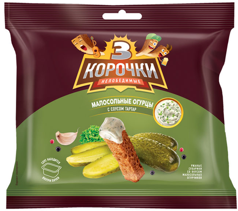 «3 Корочки», сухарики со вкусом малосольных огурчиков и соусом тар-тар, 85 г ► Photo 1/1