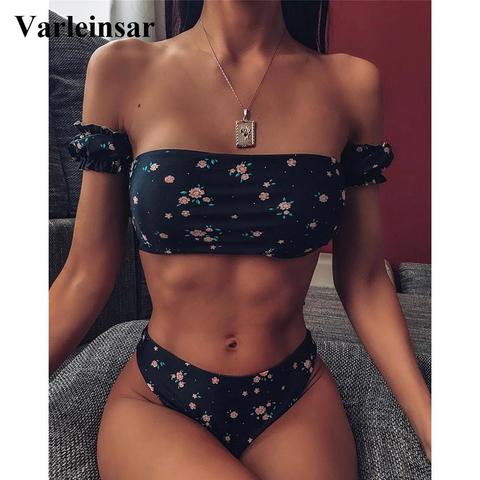 2022 Floral Off Shoulder Bikini Female Swimsuit Women Swimwear Two-pieces Bikini set Mid Waist Bather Bathing Suit Swim V1671 ► Photo 1/6