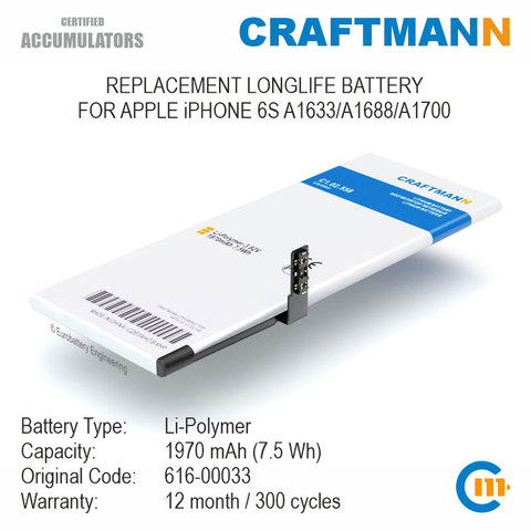 Battery 1970mAh for APPLE iPHONE 6S A1633/A1688/A1700 (616-00033) ► Photo 1/5