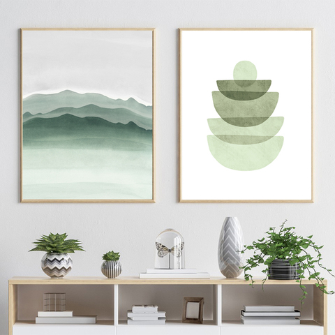 Watercolor Green Abstract Geometric Shapes Art Prints Nordic Poster Mint Green Canvas Painting Wall Pictures Living Room Decor ► Photo 1/6