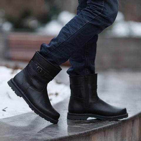 Boots winter men's natural black leather with lock, rubber sole, winter boots, genuine leather, fur, classic ► Photo 1/6
