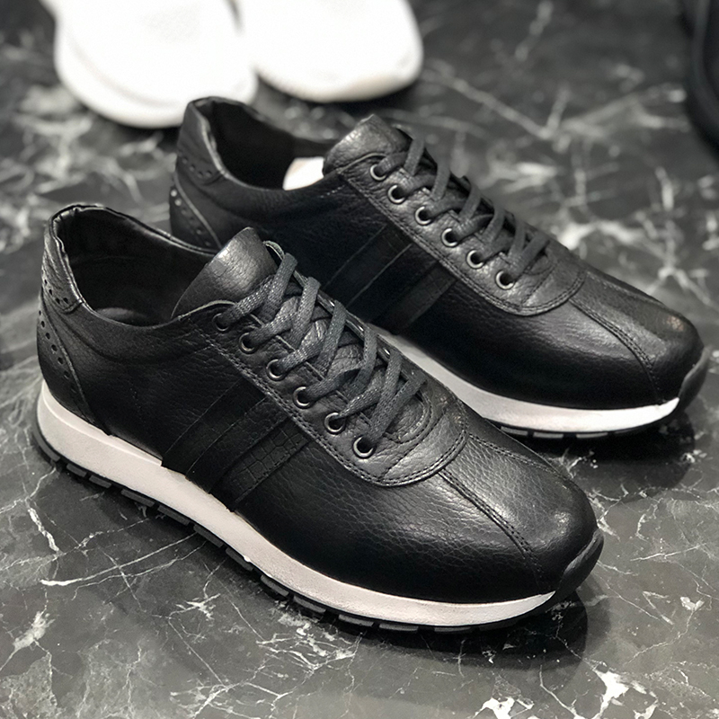Black Leather Men Sports Shoes  Men Genuine Leather Sneakers