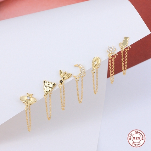 2pcs Plata De Ley 925 Earring Chain Bee Leopard Moon Star Stud Earrings for Lovers' Women Bling Zircon Pendientes Tassel Link ► Photo 1/6