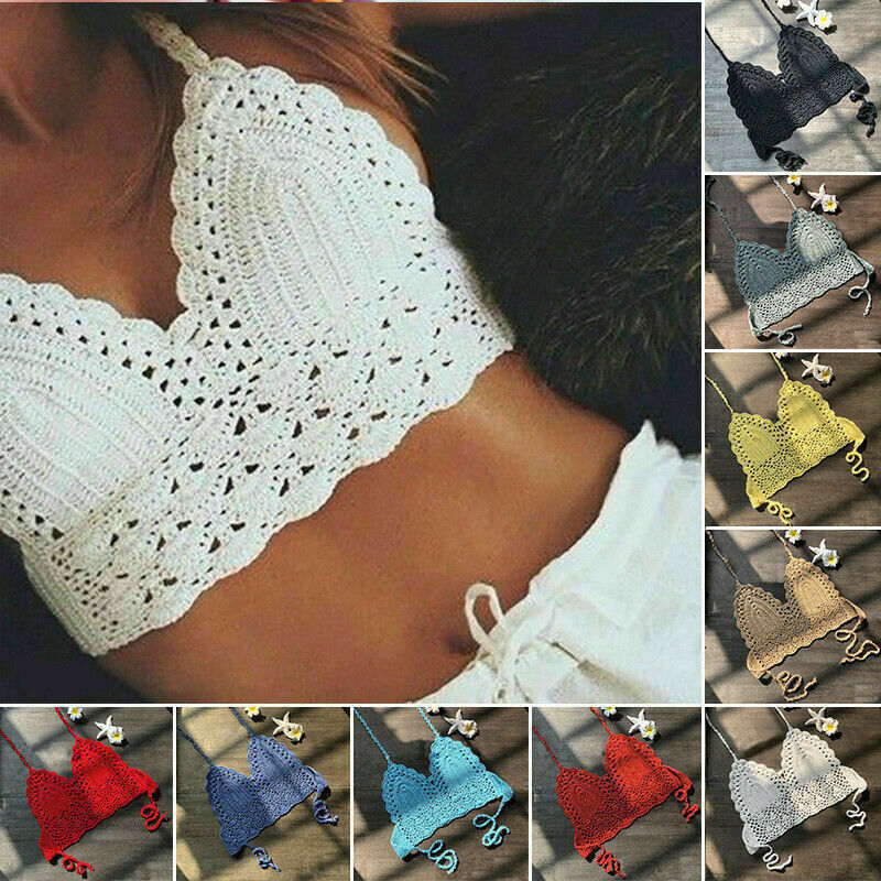 Women Crochet Bralette Knit Lace Bra Bikini Halter Crop Top Cami Vest Blouse