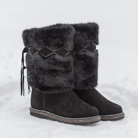 Boots women's natural black and brown, felt and molded outsole, very warm, from natural suede and fur, winter boots ► Photo 1/5