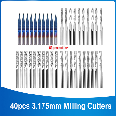 40Pcs 3.175mm  End Mill Bits ,  CNC Router Bits Cutter Cutting Milling Tool (4 Type, Each 10Pcs)  Mini PCB End Mill Carbide Rout ► Photo 1/6