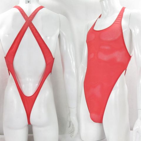 G728Q Mens bodysuit Thong Leotard High Cut X Cross Back Nylon spandex Stripes Semi C-thru Stretchy ► Photo 1/6