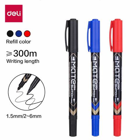 DELI Permanent Markers dual tip 0.5mm/1mm EU104 black blue red water proof fast dry office stationery permanent sign marker pens ► Photo 1/6