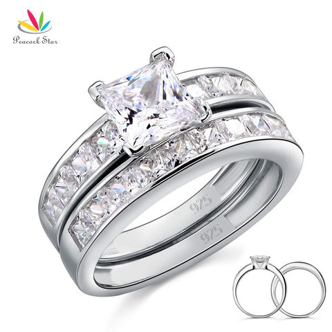 Peacock Star Solid 925 Sterling Silver 2-Pcs Wedding Engagement Ring Set 1 Ct Princess Cut Jewelry CFR8020 ► Photo 1/6