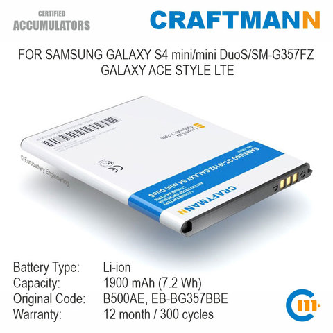 Battery for Samsung GALAXY S4 mini/mini DuoS/SM-G357FZ GALAXY ACE STYLE LTE (B500AE/EB-BG357BBE) ► Photo 1/5