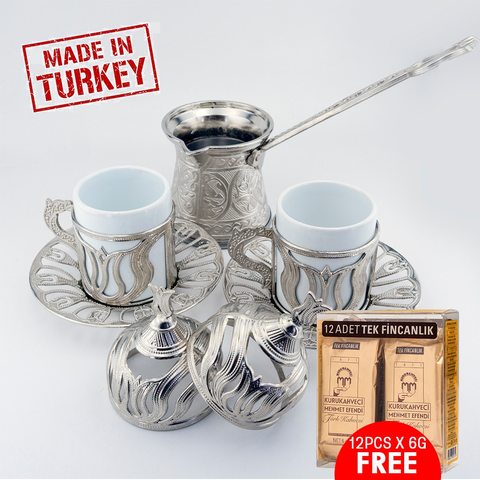 Copper Turkish coffee cup set Espresso Maker with Anatolian Greek ottoman design tulips turkey winter gifts made in the kitchen ► Photo 1/6