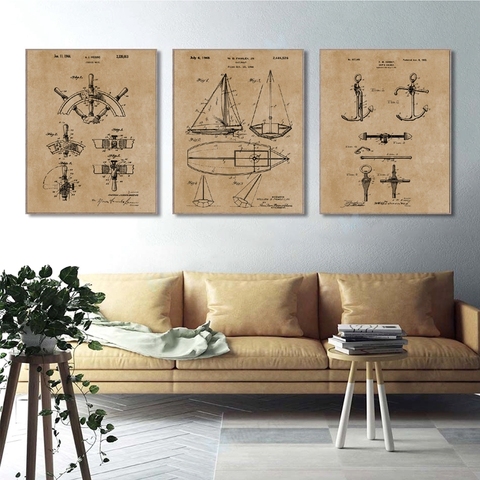 Sailboat Patent Print Vintage Poster Sailor Gifts , Yacht Anchor Ship  Wheel Sailing Blueprint Nautical Wall Art Canvas Painting ► Photo 1/6