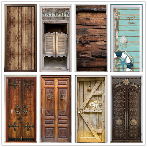 Retro Wooden Door Poster Home Art Decorative Wallpaper For Door Vinyl Waterproof Modern Removable Door Sticker Geometric Murals ► Photo 1/6