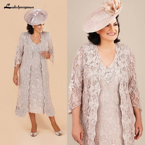 lakshmigown Lace Mother Of The Bride Dresses Suit Formal Wedding Party Dresses Long Jacket V-Neck Tea Length Plus Size Vintage ► Photo 1/5