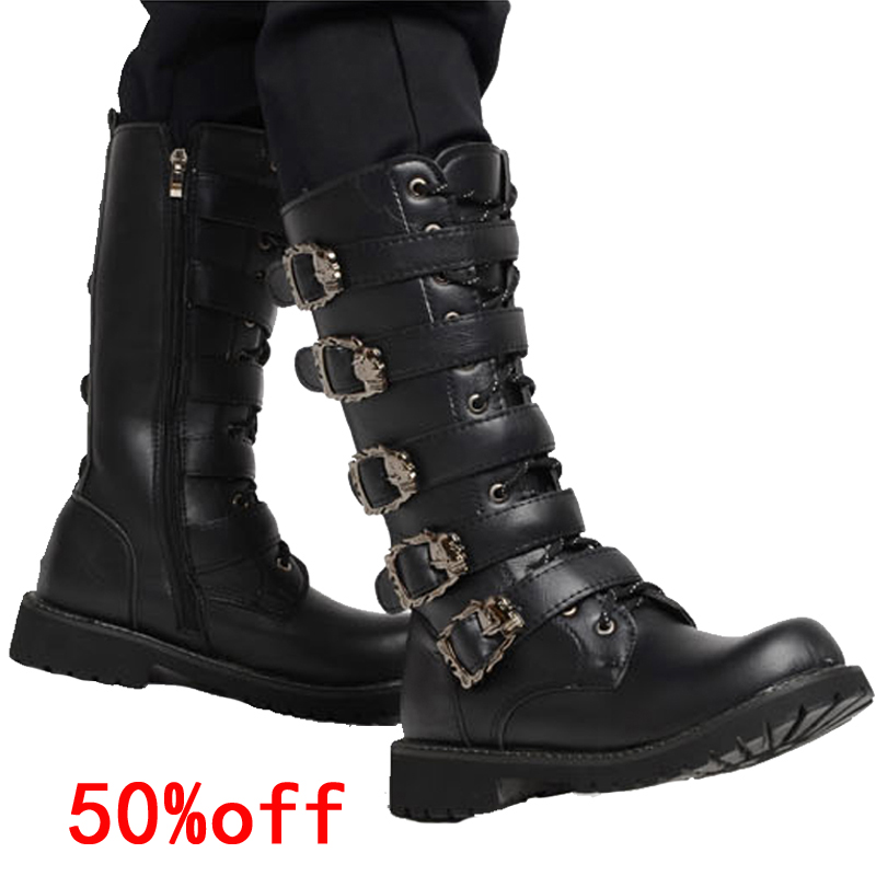 High Knee Men's Leather Motorcycle Boots Military Combat Boots Gothic ...