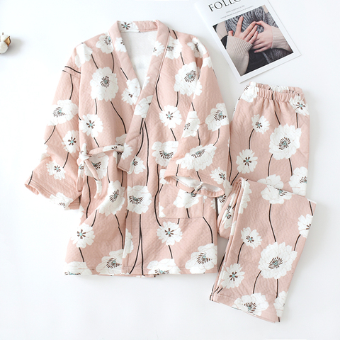 Conjunto de Pijama tipo kimono japonés para mujer, ropa de dormir de algodón, de ocio, de tela para el hogar ► Foto 1/6