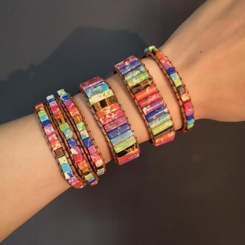 RINHOO-pulsera de cuero con cuentas de tubo Multicolor para parejas, joyería hecha a mano, piedras naturales, regalo para parejas ► Foto 1/6