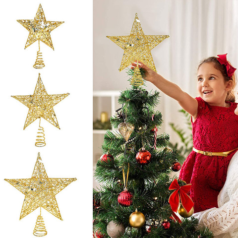 1Pc brillo estrella de Metal Ornamnet para árbol de Navidad Topper estrella Decoratons fiesta de Navidad de plata de oro rojo estrellas Decoración ► Foto 1/5