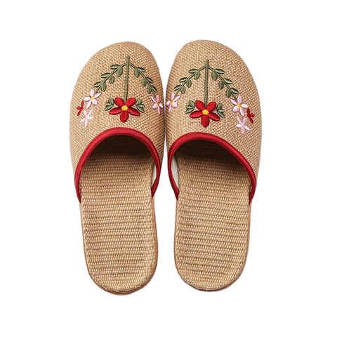 Suihyung-Zapatillas de lino transpirables para mujer, calzado de interior bordado Floral, para el hogar, antideslizante, para playa, para verano ► Foto 1/6