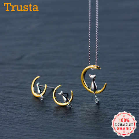 Trustdavies-pendientes de plata de ley 925 con forma de gato y Luna, joyería con cierre de tuerca, Collar corto con pendiente, regalo para chicas, DS186 ► Foto 1/6