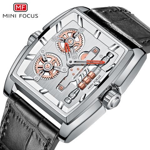 MINIFOCUS-reloj para hombre, reloj Masculino con cronógrafo, correa de cuero de lujo, de cuarzo, resistente al agua, esfera cuadrada ► Foto 1/6