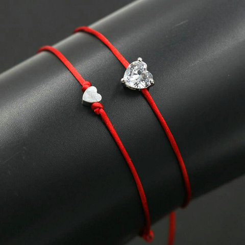 2 unids/set de Color plata de las mujeres de cristal de circón pulsera de corazón de amor hilo de cuerda roja trenza DIY pulseras para las niñas niño regalos para parejas ► Foto 1/6