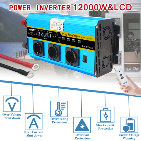 Inversor de onda sinusoidal pura de 12000W, CC de 12V a ca de 220V, 230V, pantalla LCD de voltaje, inversor de energía solar, toma de la UE, control remoto inalámbrico ► Foto 1/6