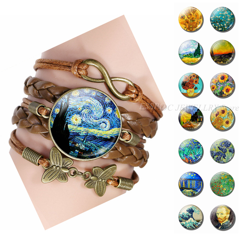 Van Gogh-pulsera de arte con pintura al óleo de cristal para hombre y mujer, brazaletes de piel hechos a mano con girasol y Noche Estrellada, regalo ► Foto 1/6