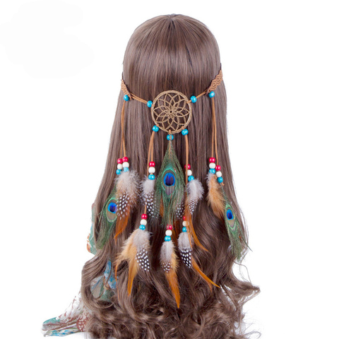 Haimekang diadema Hippie Bohemia, tocado atrapasueños de plumas, pluma de pavo real de moda diademas para el cabello Accesorios ► Foto 1/6
