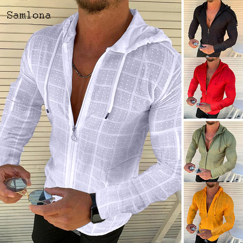 Camiseta de manga larga con capucha/corta para hombre, ropa con cremallera, color sólido, informal, a cuadros, camiseta fina de punto abierto para hombre ► Foto 1/6