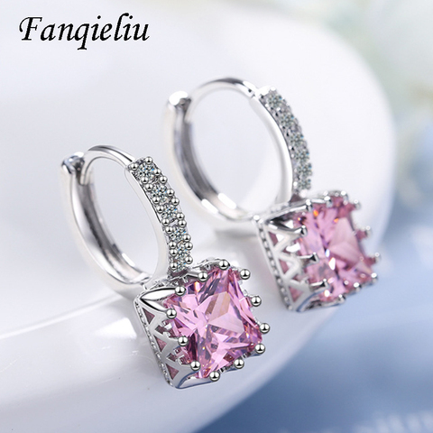 Fanqieliu-pendientes cuadrados de cristal rosa para mujer, joyería de lujo, Plata sólida 925 colgantes, FQL21014 ► Foto 1/6