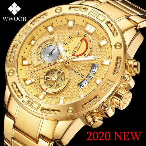 WWOOR-relojes de cuarzo de acero inoxidable para hombre, cronógrafo deportivo, resistente al agua, dorado, 2022 ► Foto 1/6