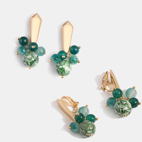 Cuentas de cadena de piedra Natural verde para mujer y niña, aretes minimalistas dorados, sin perforaciones, Clips para las orejas, regalo, venta al por mayor ► Foto 1/6