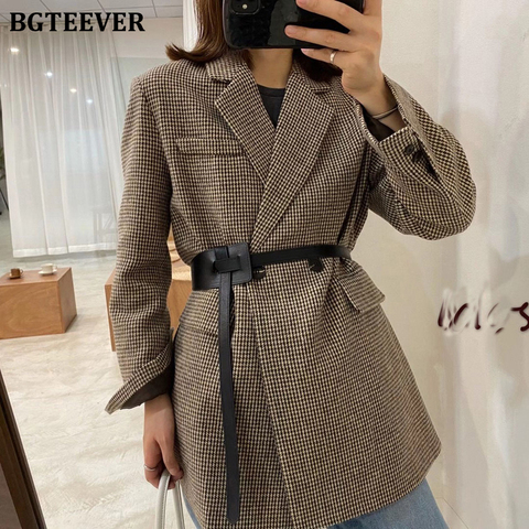 BGTEEVER-Chaqueta Vintage de lana de Houndstooth para mujer, chaqueta con cinturón de pecho doble, prendas de vestir delgadas para mujer 2022 ► Foto 1/6