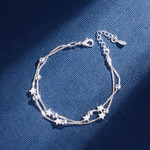 Pulsera de cuentas de estrellas de doble capa para mujer, de Plata de Ley 925, caja elegante, cadena, joyería para fiesta de cumpleaños sl218 ► Foto 1/6