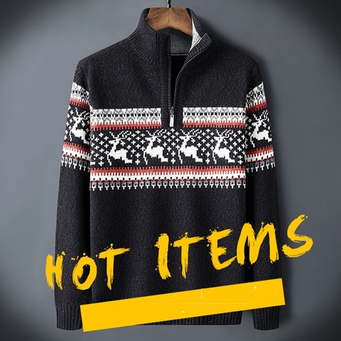 Jersey de cuello alto con cremallera de cuello alto para hombre, suéter de manga larga de ciervo navideño, jerseys de punto de invierno cálidos ► Foto 1/6