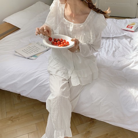 Conjunto de pijamas de encaje bordado blanco de alta calidad, camisas de manga larga de lunares con volantes coreanos, pantalones para dormir, Otoño, Y139 ► Foto 1/6