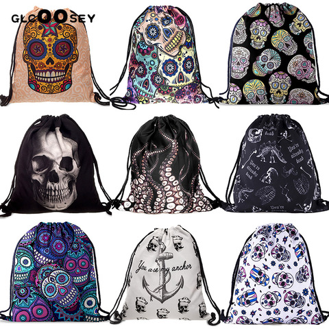 Bolsa de viaje con cordón de impresión 3D, bolsa de lona con cordón, diseño de pulpo, Calavera, mochila gótica Harajuku, mochila escolar ► Foto 1/6