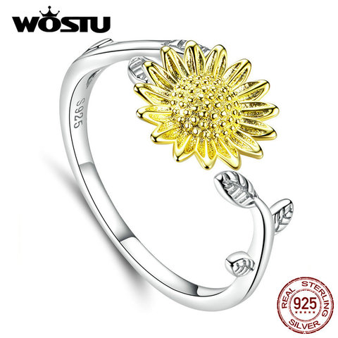 WOSTU-anillos de boda de girasol plateado para mujer, de plata de ley 100%, apertura ajustable, anillos de flor bisutería CQR596 ► Foto 1/6