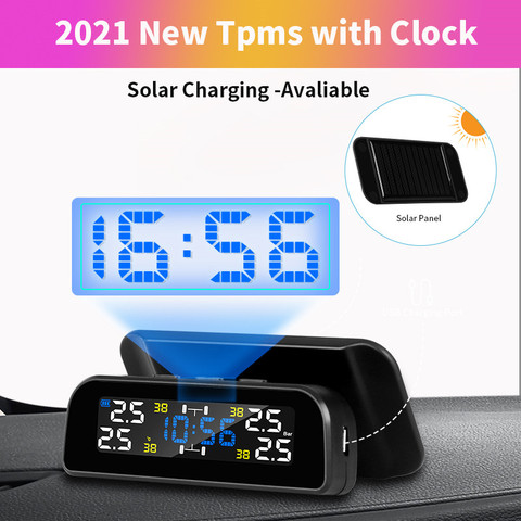 2022 nuevo TPMS con reloj Solar Presión de neumático de coche inalámbrico 4 de sistema de vigilancia automáticamente brillo Adjustion colorido ► Foto 1/6