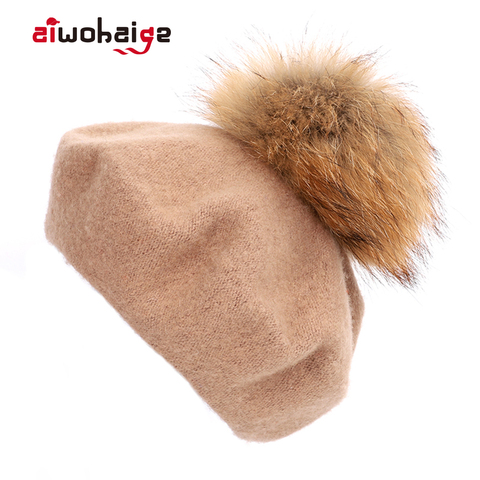 2022 nuevo damas elegante pompones Piel de mapache boina invierno de alta calidad mujer gorro de pintor sombreros Slouchy Beanie Cap rojo Vintage ► Foto 1/6