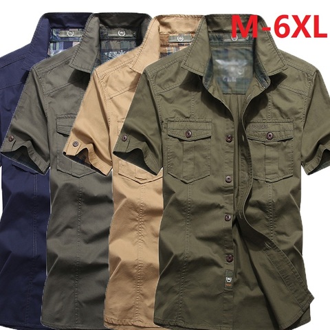 M-6XL grande de talla grande de los hombres de verano de manga corta de carga camisas militar camisas fresco transpirable 100% de algodón camisa social masculina ► Foto 1/6