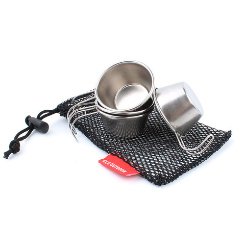 Mini copa de vino de acero inoxidable 304 para exteriores, taza portátil de agua de 50ml + bolsa de malla, utensilios de cocina para campamento, 4 Uds. ► Foto 1/5