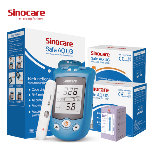 Sinocare 2in1 seguro AQ UG de glucosa en sangre úrico en sangre medidor de acidez y 50 tiras de prueba para la Diabetes, gota embarazada padres glucómetro ► Foto 1/6