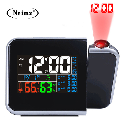 Idea de regalo, reloj despertador LED Digital colorido con proyección, termómetro de temperatura, higrómetro de humedad, Calendario para proyector de tiempo de escritorio ► Foto 1/6