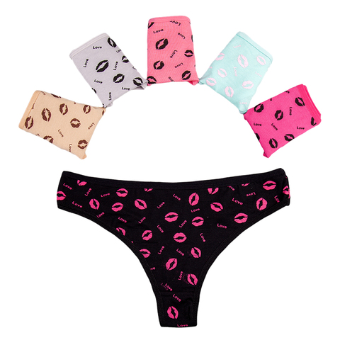 Juego de 5 tangas de algodón sexis para mujer, bragas con estampado de labios Kawaii, ropa interior bonita de lunares, envío gratis al por mayor ► Foto 1/6