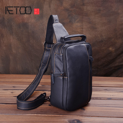 AETOO-Bolsa de pecho de cuero para hombre, bolsa inclinada de hombro, deportiva para la cabeza de piel, bolsillo pequeño informal ► Foto 1/6