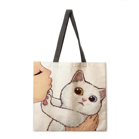 Bolso de mano informal con diseño de gato besando, bolsa de lino, reutilizable, para compras al aire libre, para playa ► Foto 1/5
