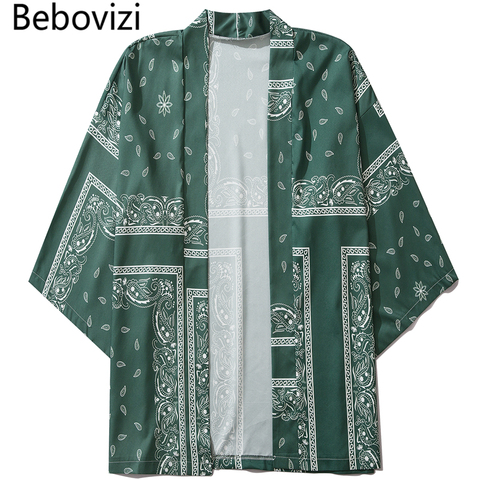 Bebovizi-Kimono verde con flores de anacardo para hombre y mujer, cárdigan tradicional de estilo japonés, ropa de calle Yukata, Haori ► Foto 1/6