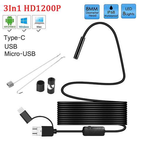 Lente de 8mm para cámara endoscópica HD 1200P IP68 2M tubo Flexible duro micro USB tipo-c boroscopio inspección de Video para endoscopio Android ► Foto 1/6